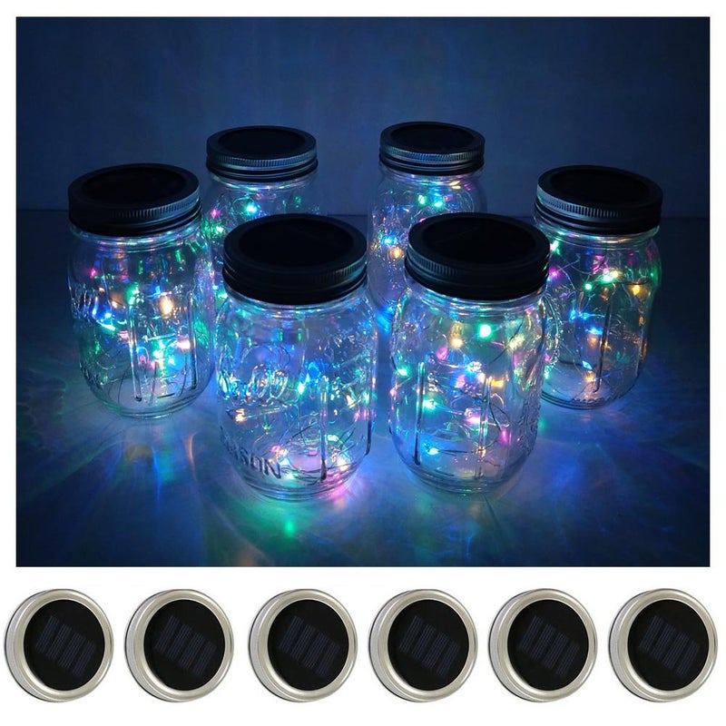 Decorman Solar Mason Jar Lid Lights, 6 Pack 10 LED Waterproof String Fairy Star Firefly Jar Lids Lights for Patio Garden Yard Lawn Party Wedding Christmas Decoration(Jars & Hangers Not Included) - Image 1